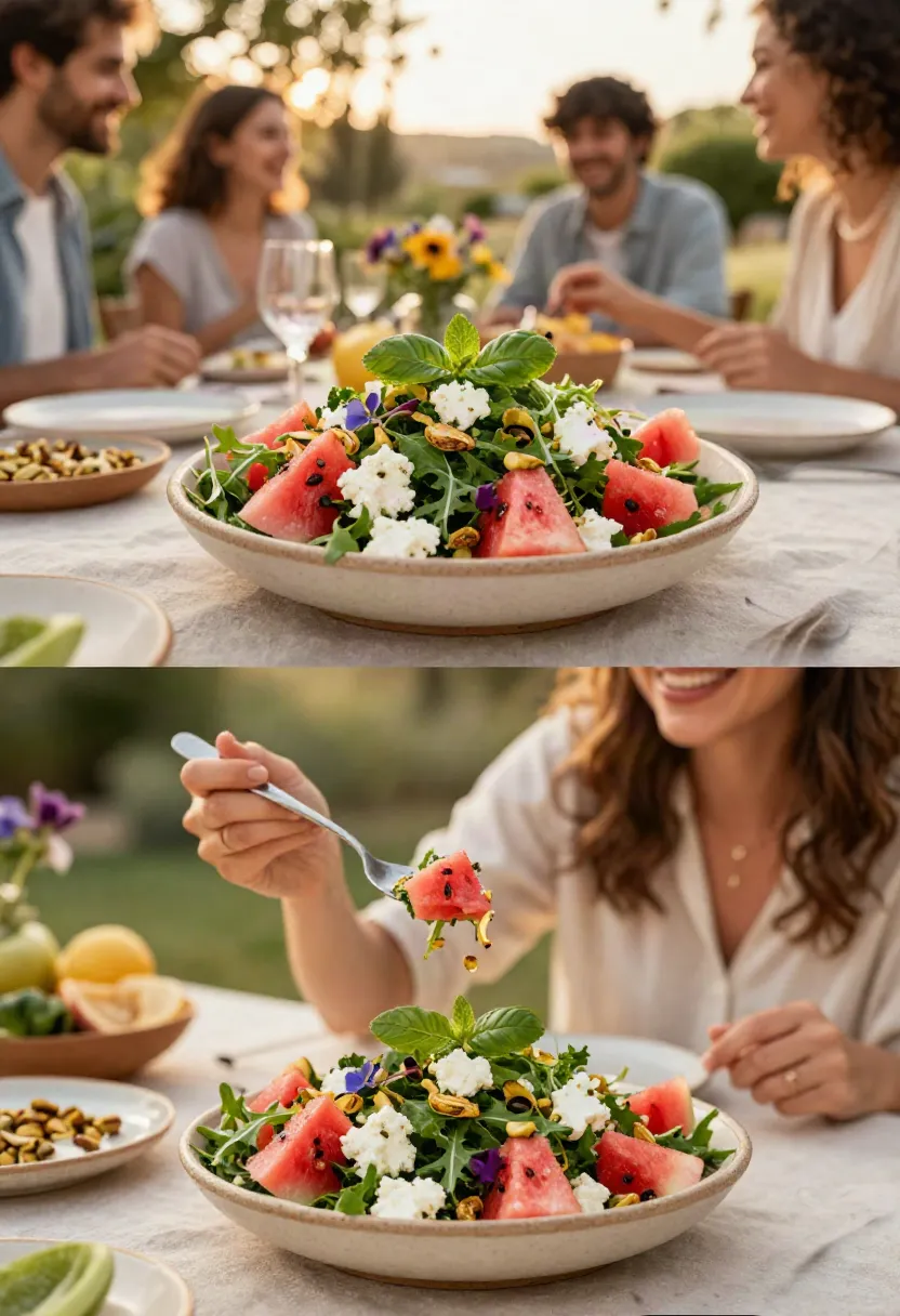 Friends enjoying watermelon arugula salad around a beautifully styled outdoor summer table with the salad as the centerpiece.