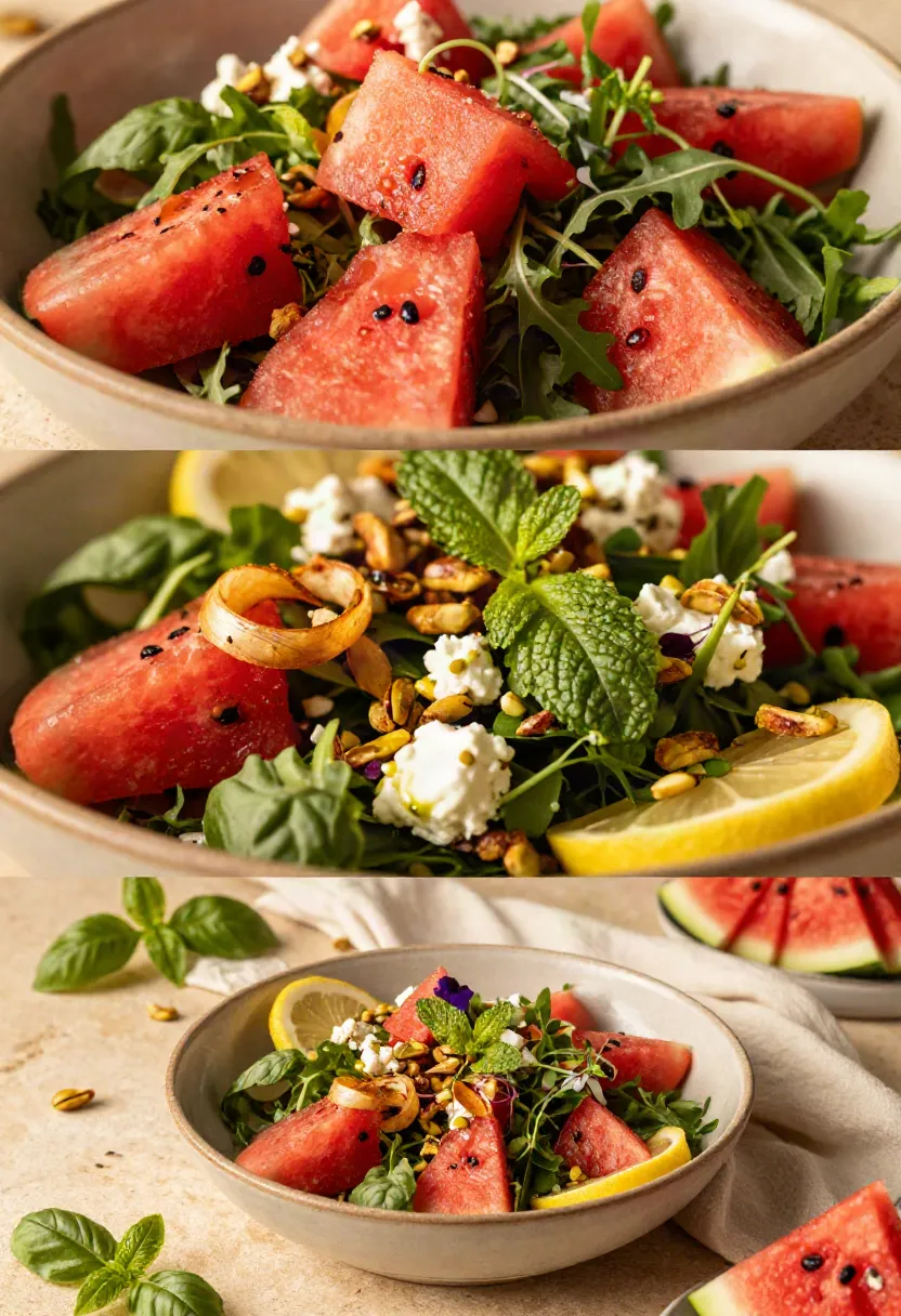 Bowl of watermelon salad with arugula, feta, pistachios, mint, and lemon wedges.