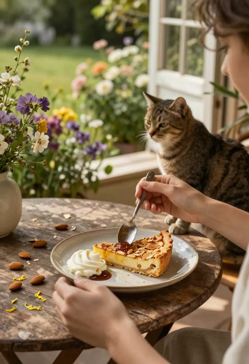 Person enjoying a slice of almond tart with lemon caramel on a flower-filled porch beside a relaxed cat.