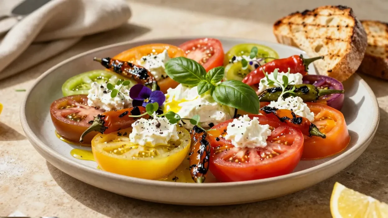 Restaurant-style heirloom tomato salad with goat's curd, blistered Padrón peppers, fresh herbs, and vibrant summer tomatoes beautifully plated on a ceramic serving platter.