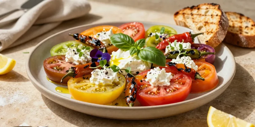 Restaurant-style heirloom tomato salad with goat's curd, blistered Padrón peppers, fresh herbs, and vibrant summer tomatoes beautifully plated on a ceramic serving platter.