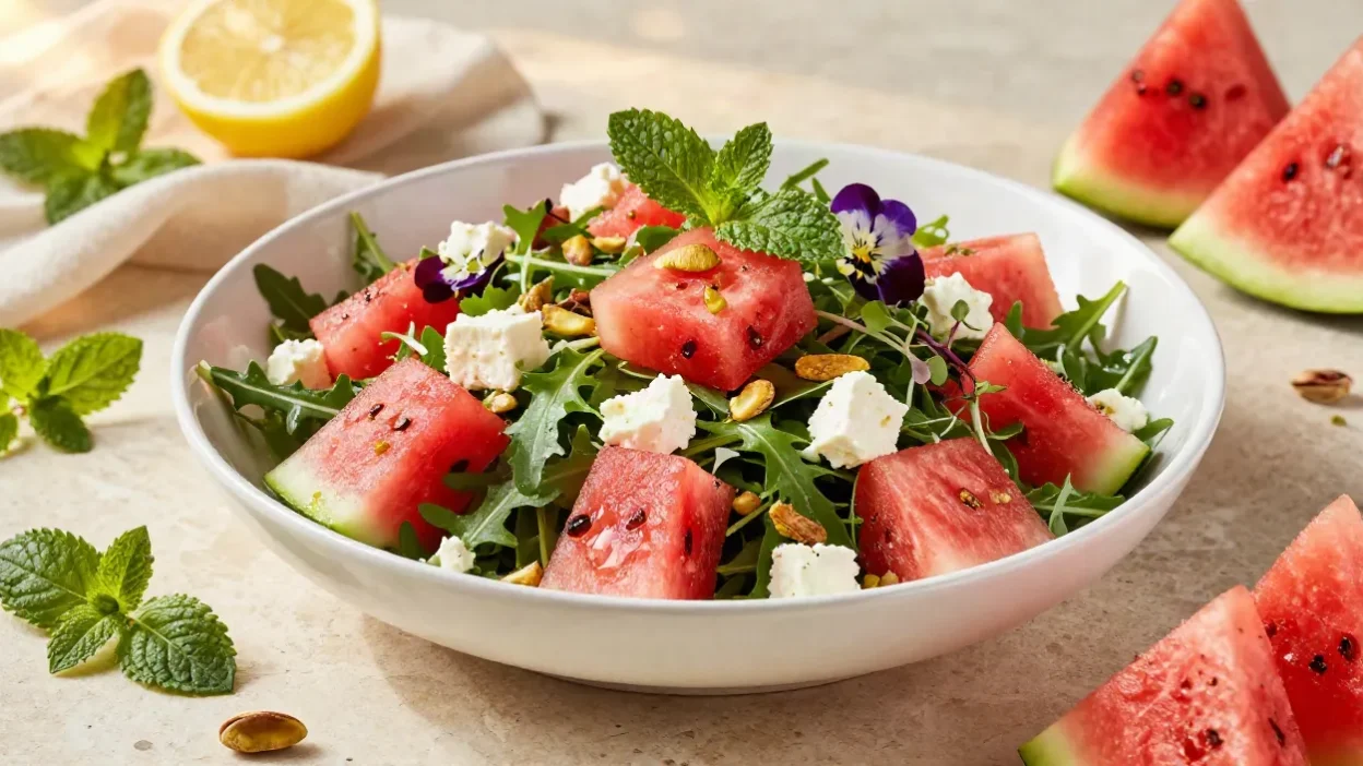 Fresh watermelon arugula salad topped with crispy shallots, feta cheese, pistachios, and fresh herbs in an elegant ceramic bowl.