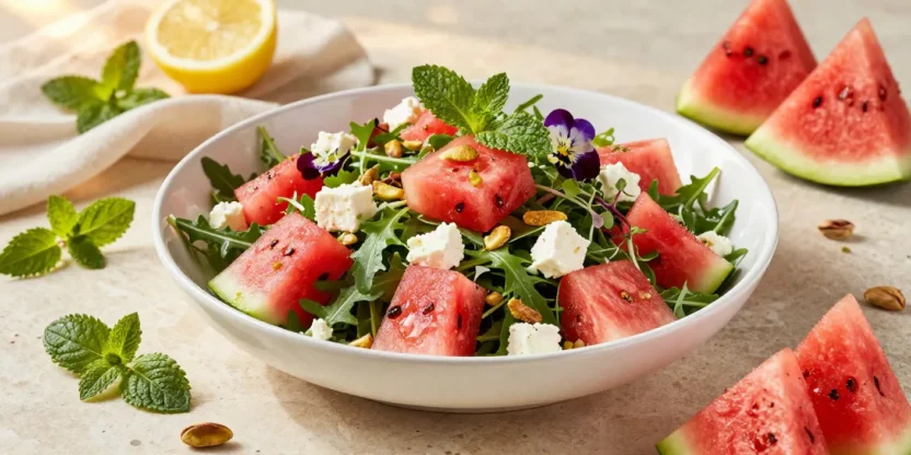 Fresh watermelon arugula salad topped with crispy shallots, feta cheese, pistachios, and fresh herbs in an elegant ceramic bowl.