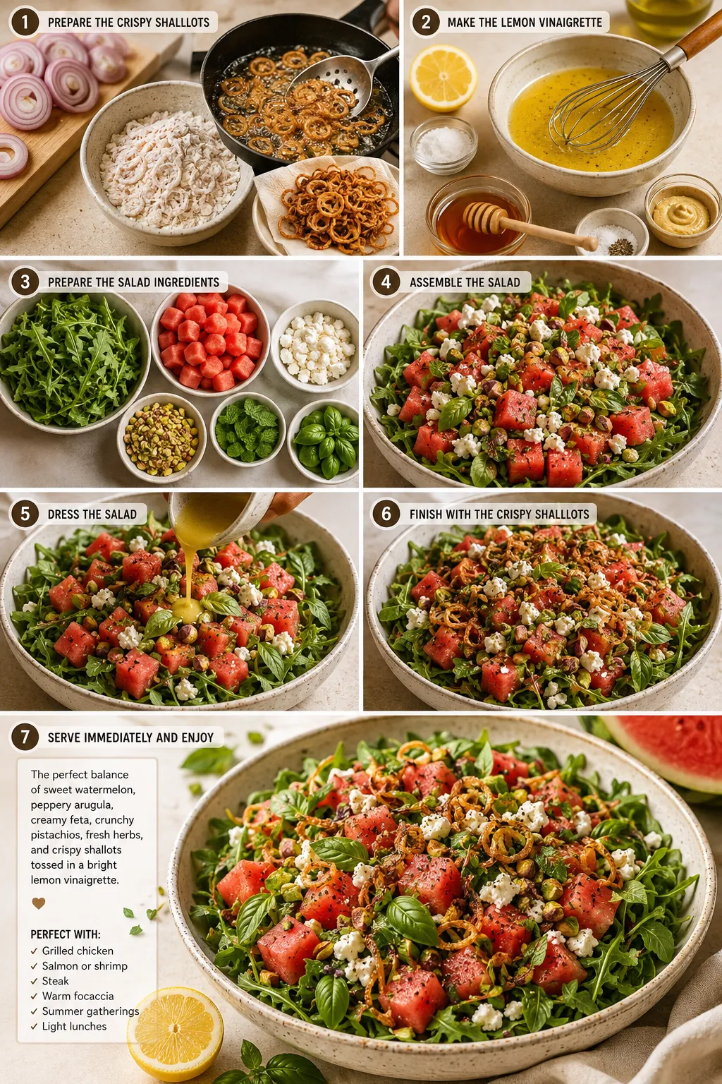 Watermelon arugula salad with crispy shallots, feta, and fresh herbs shown through a step-by-step preparation collage.