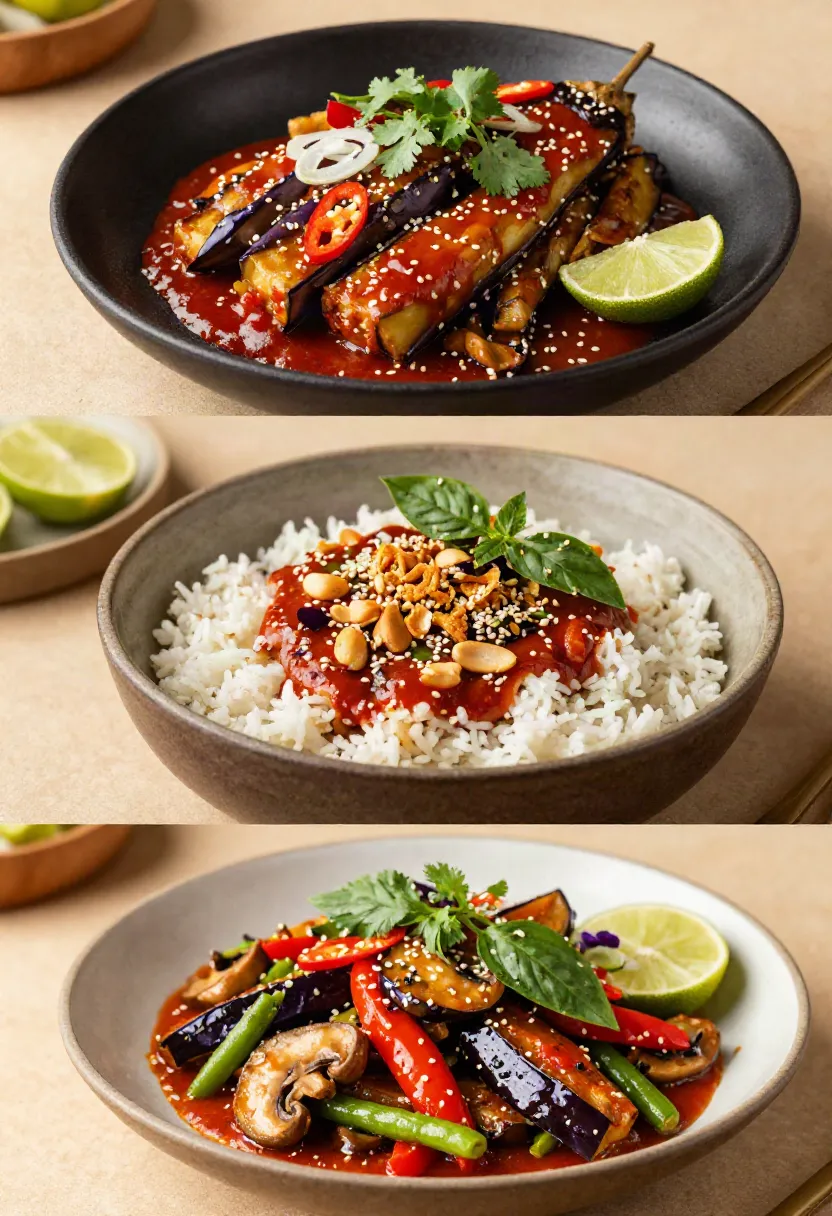Three variations of chilli eggplant featuring the classic recipe, a coconut rice bowl, and a colorful vegetable-packed version with mushrooms and green beans.