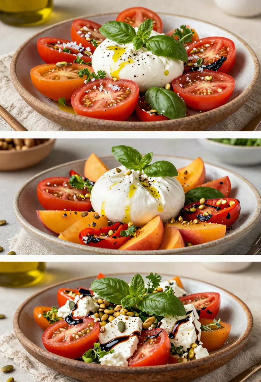 Three variations of heirloom tomato salad featuring the classic recipe, a burrata and peach version, and a rustic salad with ricotta, feta, toasted nuts, and balsamic glaze.