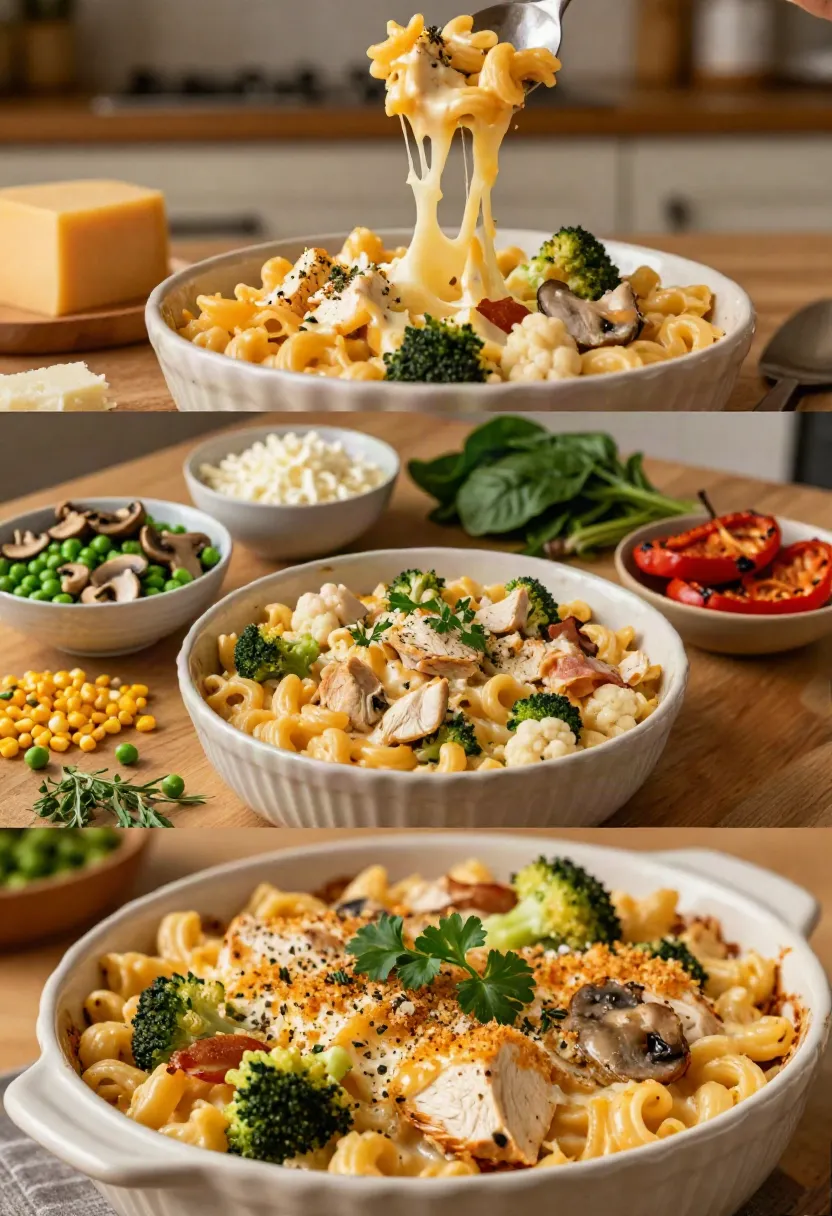 Bubbling chicken mac and cheese served family-style with fresh salad, tomatoes, roasted vegetables, and herbs.