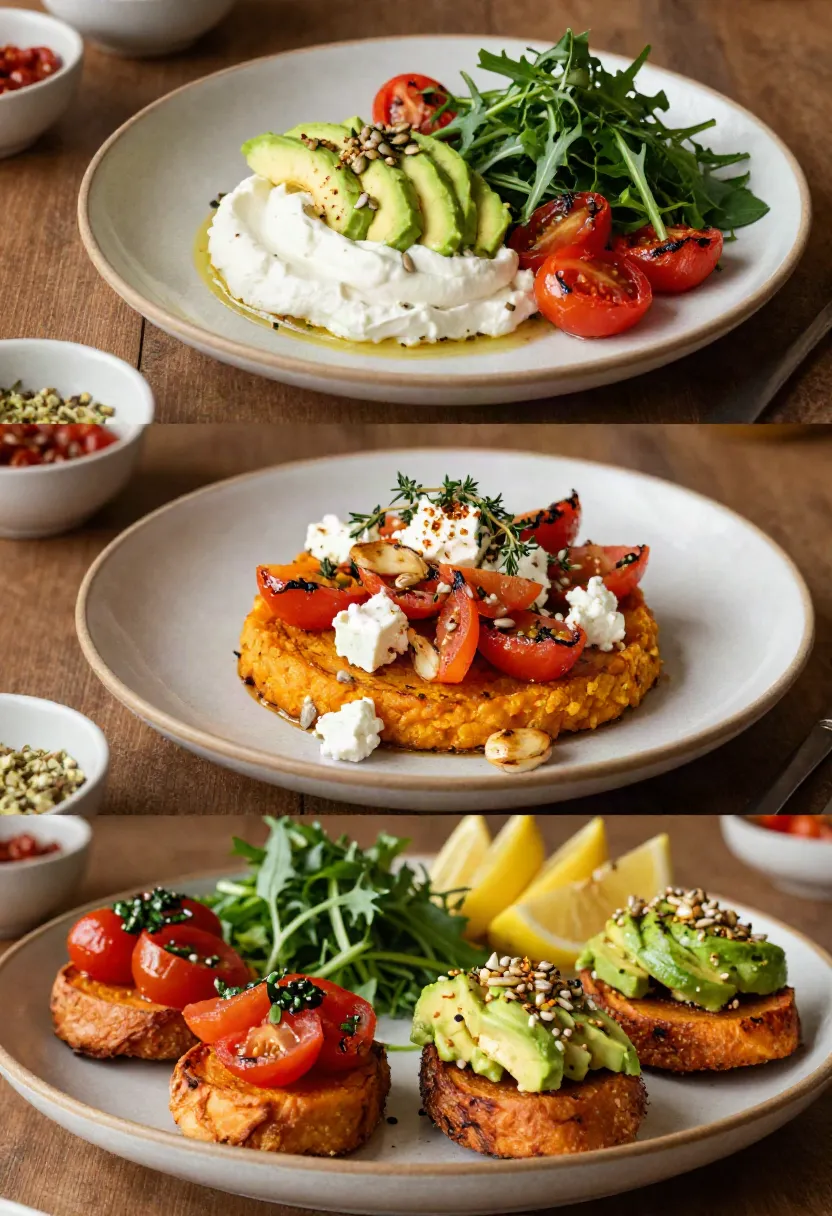 Sweet potato rosti topped with roasted tomatoes, avocado, baby rocket, and fresh herbs on an elegant plate.