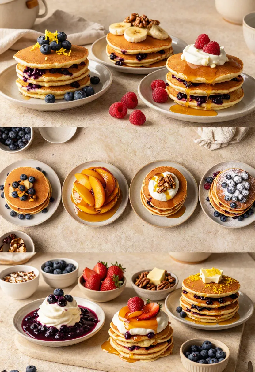 Stacked pancakes with fruit toppings and syrup on ceramic plates, arranged for a breakfast spread