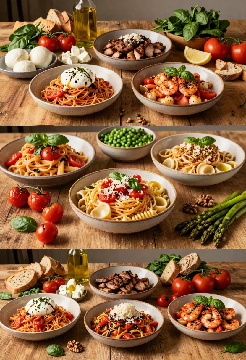 A three-frame collage showing different ways to customize bruschetta pasta with cheeses, proteins, vegetables, and seasonal toppings.