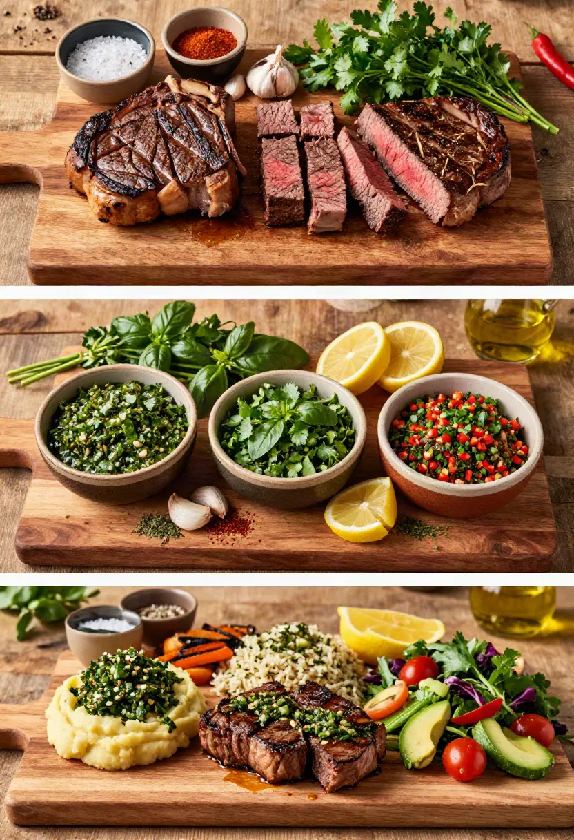 Friends and family sharing chimichurri steak bites around a cozy dinner table with fresh sides and homemade chimichurri.
