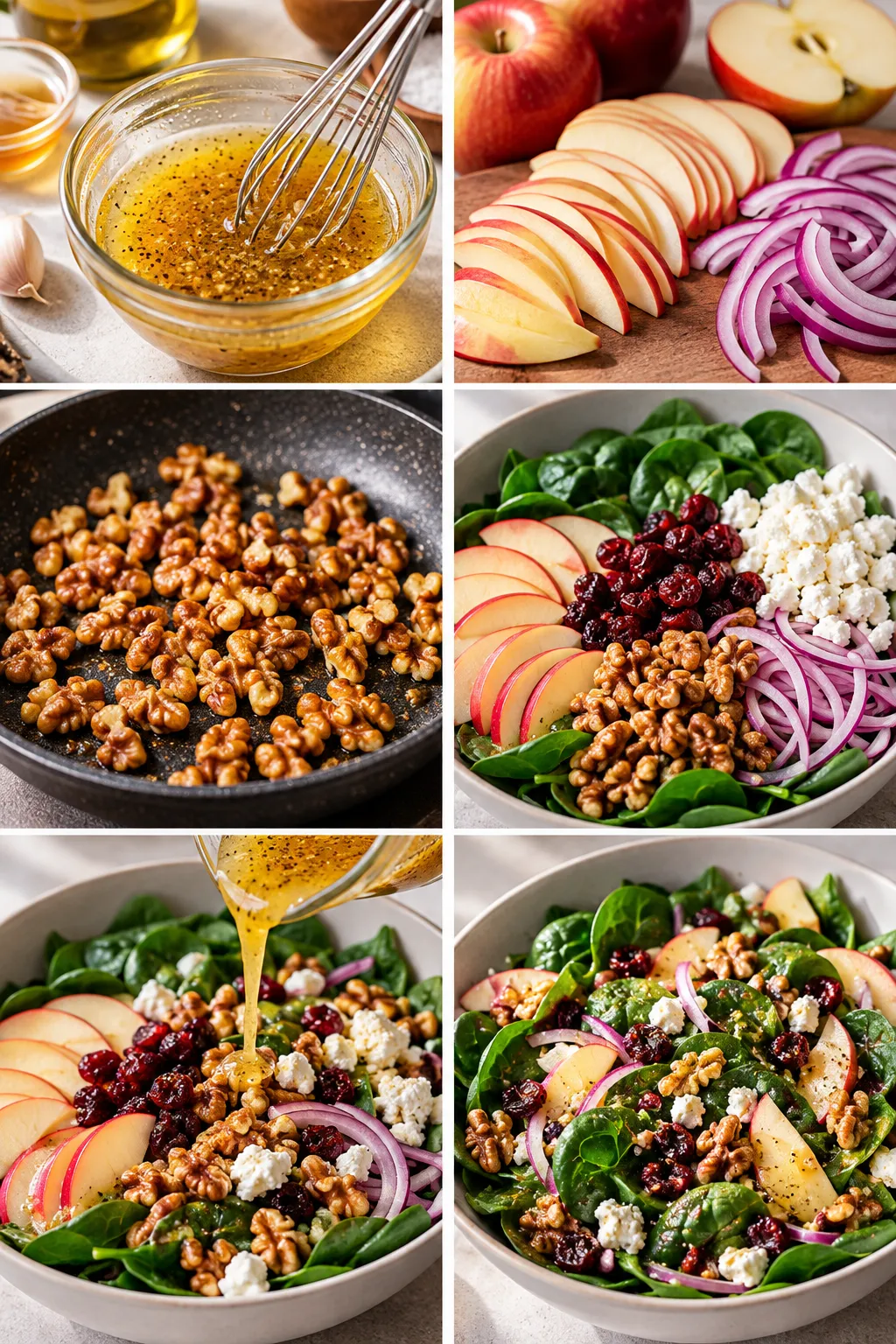 Apple spinach salad with pears, pomegranate seeds, toasted nuts, and goat cheese as a seasonal variation.