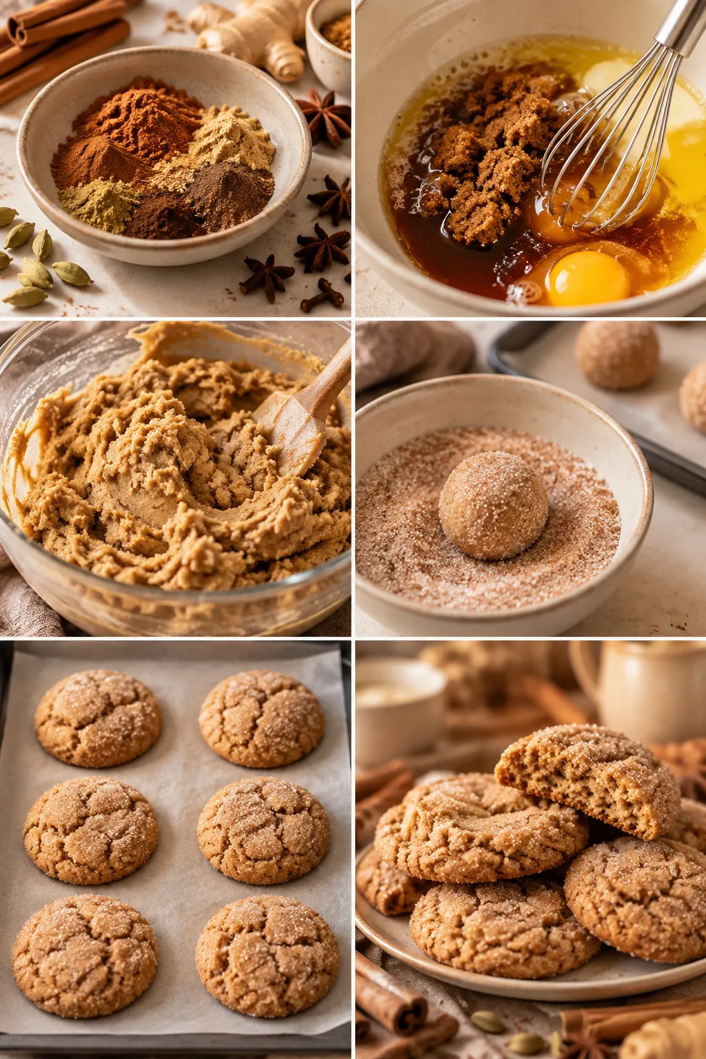 Collage showing cookie making: bowls of spices, batter and dough, a whisk beating eggs, and several cookies ready to bake or cooling.