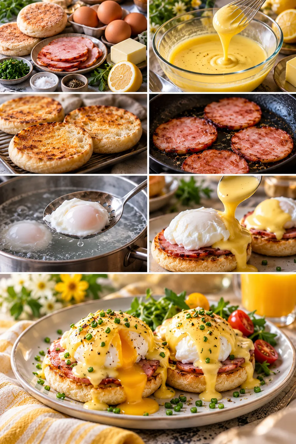 Close-up of Eggs Benedict with a soft golden yolk, creamy hollandaise, and toasted English muffin.