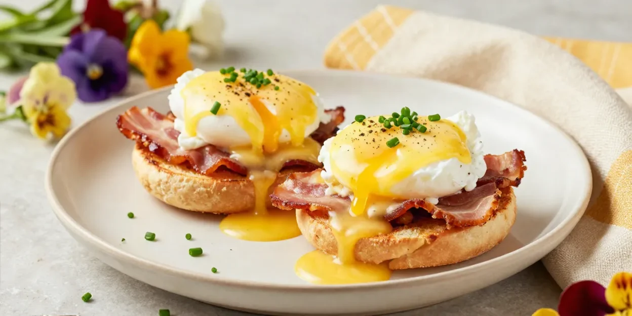 Classic Eggs Benedict with poached eggs, Canadian bacon, toasted English muffins, and golden hollandaise sauce.