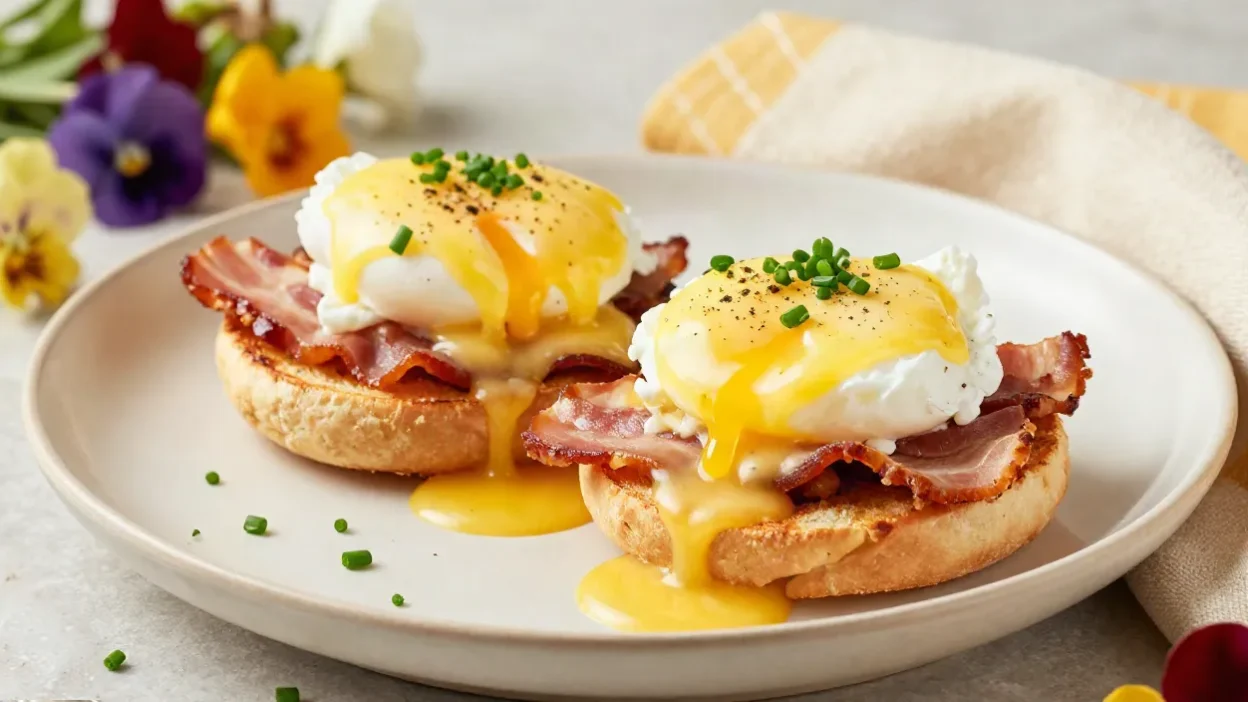 Classic Eggs Benedict with poached eggs, Canadian bacon, toasted English muffins, and golden hollandaise sauce.