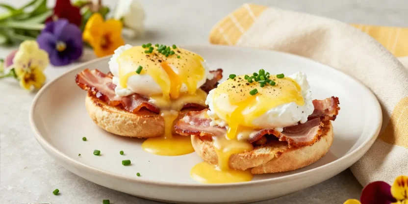 Classic Eggs Benedict with poached eggs, Canadian bacon, toasted English muffins, and golden hollandaise sauce.