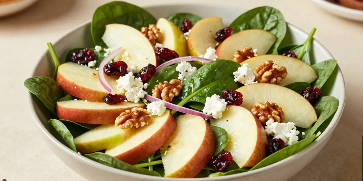 Fresh apple spinach salad with crisp apples, toasted walnuts, dried cranberries, red onion, and goat cheese.