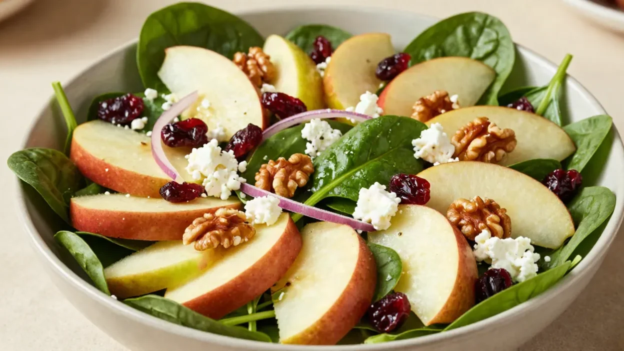 Fresh apple spinach salad with crisp apples, toasted walnuts, dried cranberries, red onion, and goat cheese.