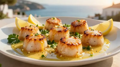 Golden seared scallops coated in glossy lemon garlic butter with fresh parsley, cracked black pepper, and bright lemon wedges on a ceramic plate in warm Mediterranean sunlight.