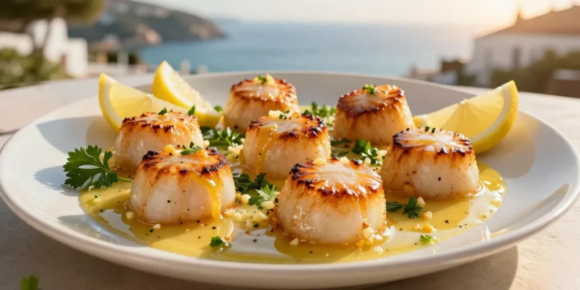 Golden seared scallops coated in glossy lemon garlic butter with fresh parsley, cracked black pepper, and bright lemon wedges on a ceramic plate in warm Mediterranean sunlight.