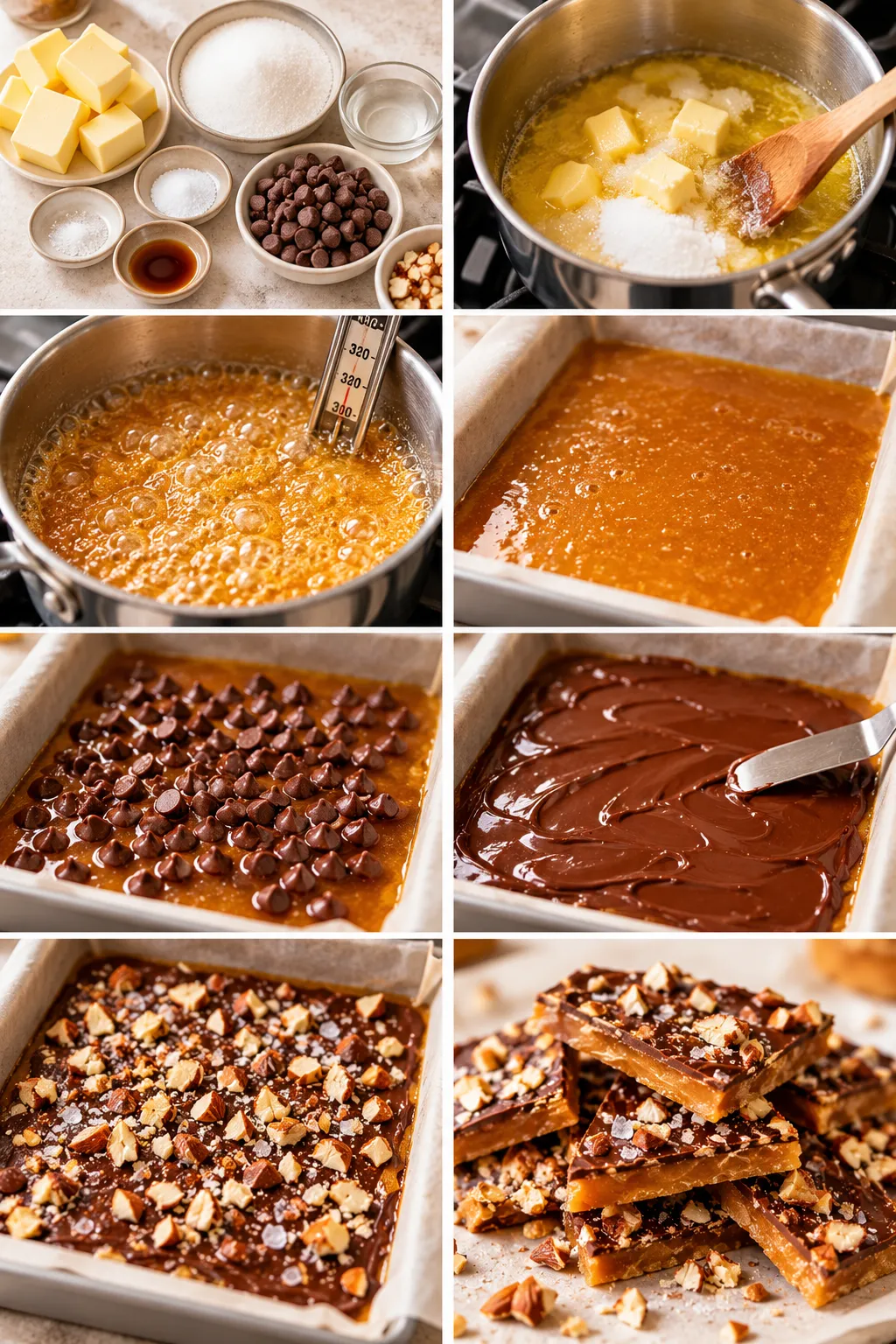 collage showing chocolate-making steps: ingredients like butter, sugar, vanilla, and chocolate chips laid out on a counter.