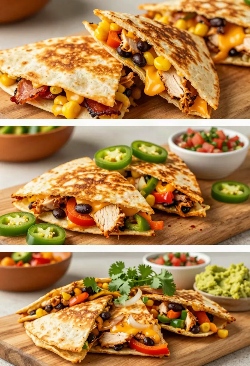 A platter of crispy chicken quesadilla wedges surrounded by guacamole, salsa, and sour cream at a cozy dinner gathering.