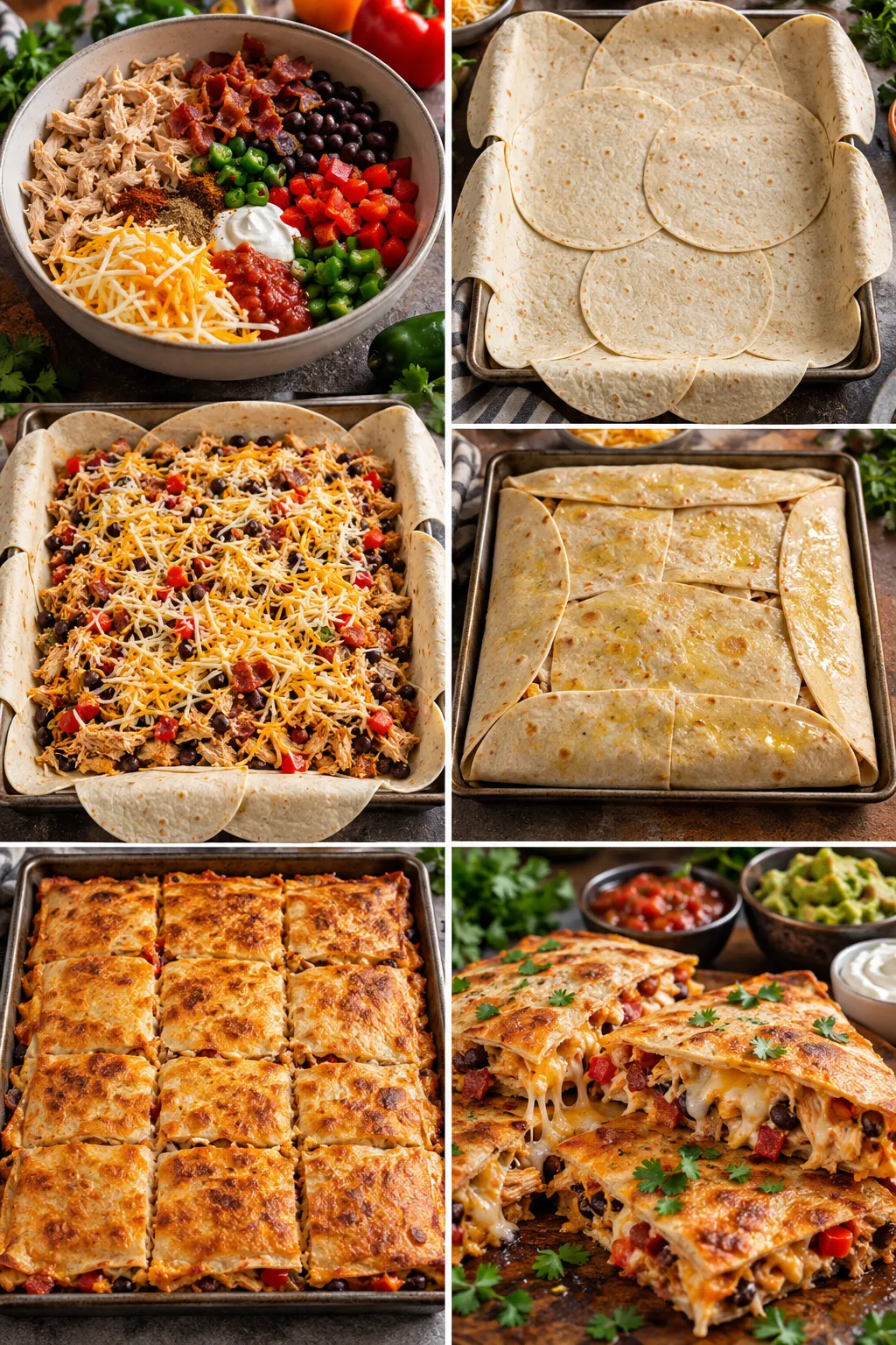 Collage of Mexican dishes: prep bowl with shredded chicken, beans, peppers and toppings; tortilla rounds; layered nachos; rolled enchiladas; baked cheesy enchiladas.