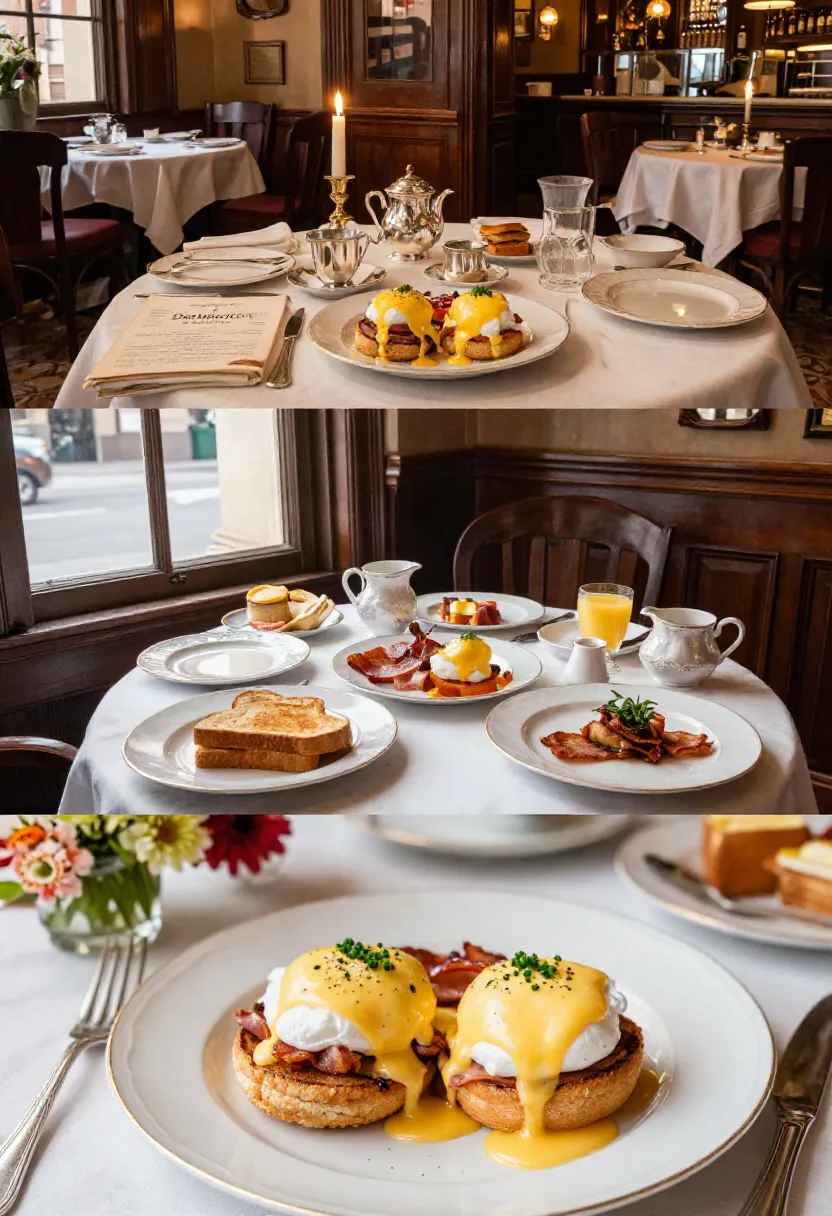 Elegant restaurant brunch: plates of eggs Benedict with hollandaise, toast, and bacon on white-tablecloth tables with candlelight in the background as a cozy dining scene.