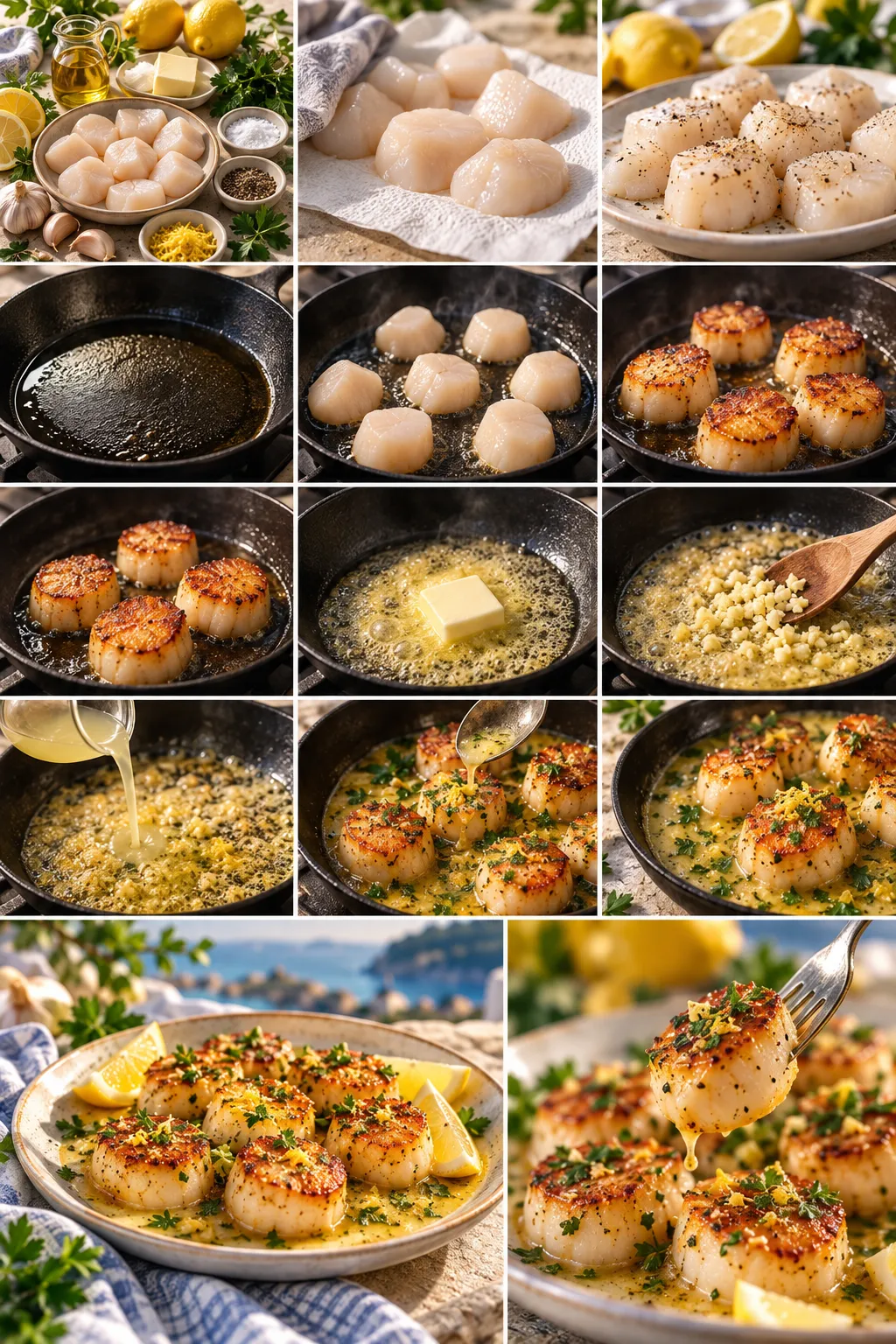 Collage of scallops: prep ingredients, raw scallops, searing in butter, and plated lemony scallop dish with herbs.
