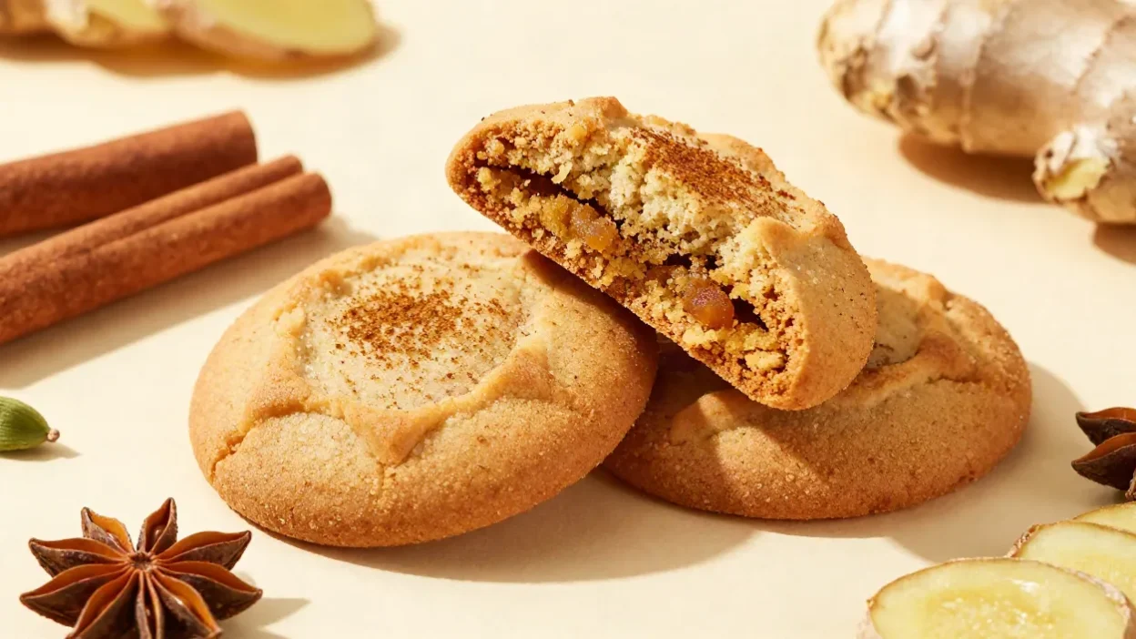 A stack of soft chai cookies with cinnamon, ginger, and cardamom on a bright cream surface.