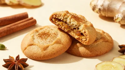 A stack of soft chai cookies with cinnamon, ginger, and cardamom on a bright cream surface.
