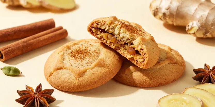 A stack of soft chai cookies with cinnamon, ginger, and cardamom on a bright cream surface.