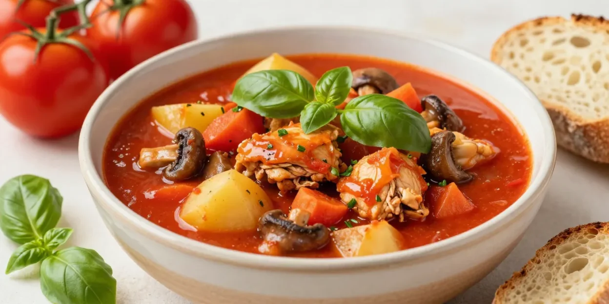 A cozy bowl of tomato basil chicken stew with tender chicken, potatoes, carrots, and fresh basil.