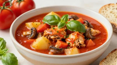 A cozy bowl of tomato basil chicken stew with tender chicken, potatoes, carrots, and fresh basil.