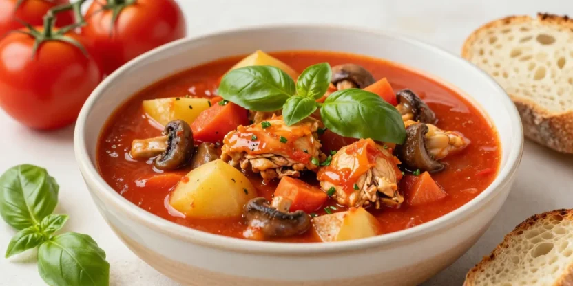A cozy bowl of tomato basil chicken stew with tender chicken, potatoes, carrots, and fresh basil.