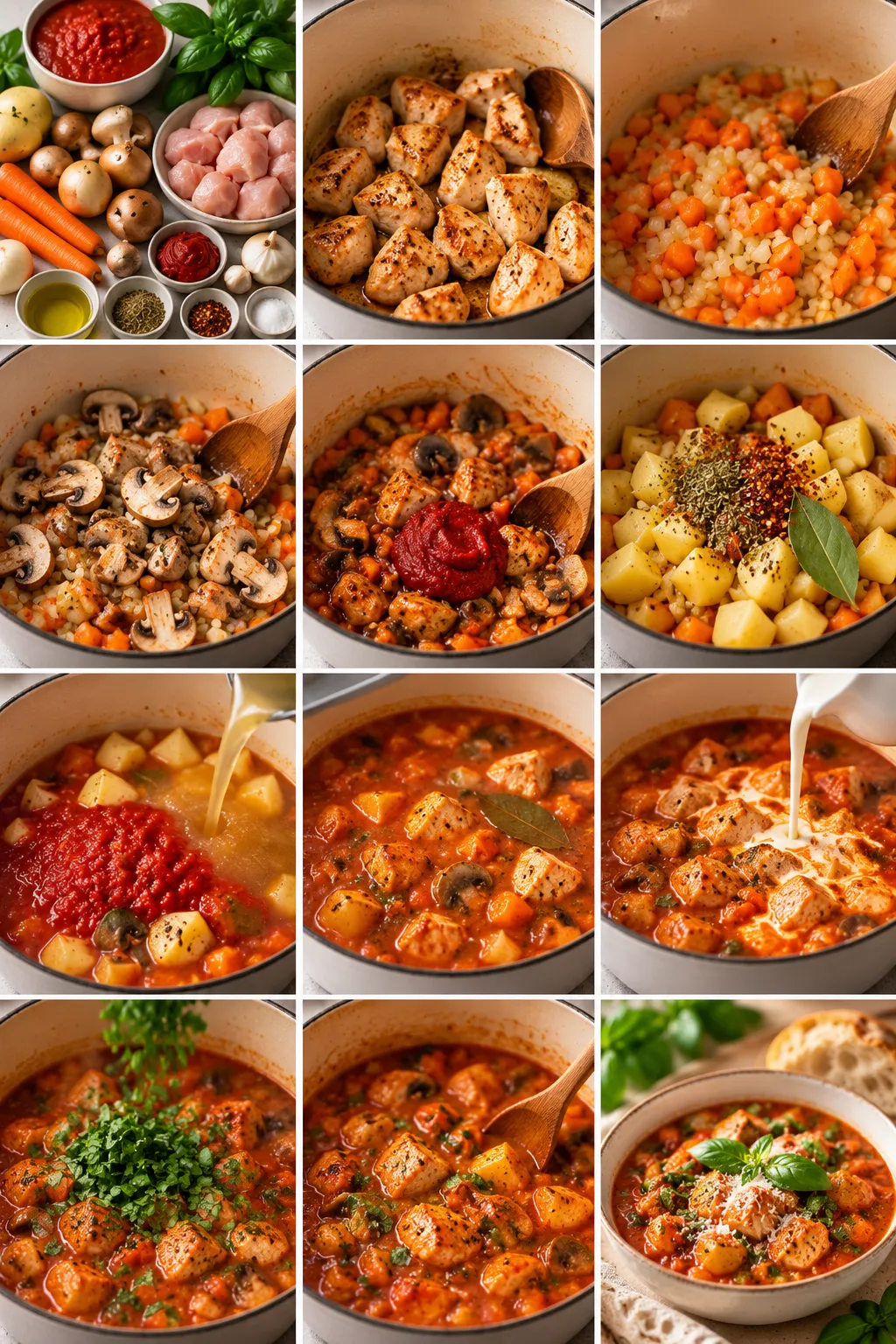 A spoonful of thick tomato basil chicken stew showing tender chicken and soft vegetables.