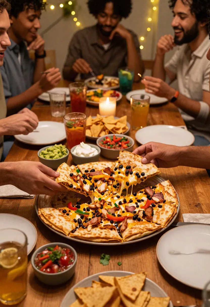 A group of friends around a wooden table pull apart a cheesy loaded pizza, with dips and drinks and warm string lights in the background.