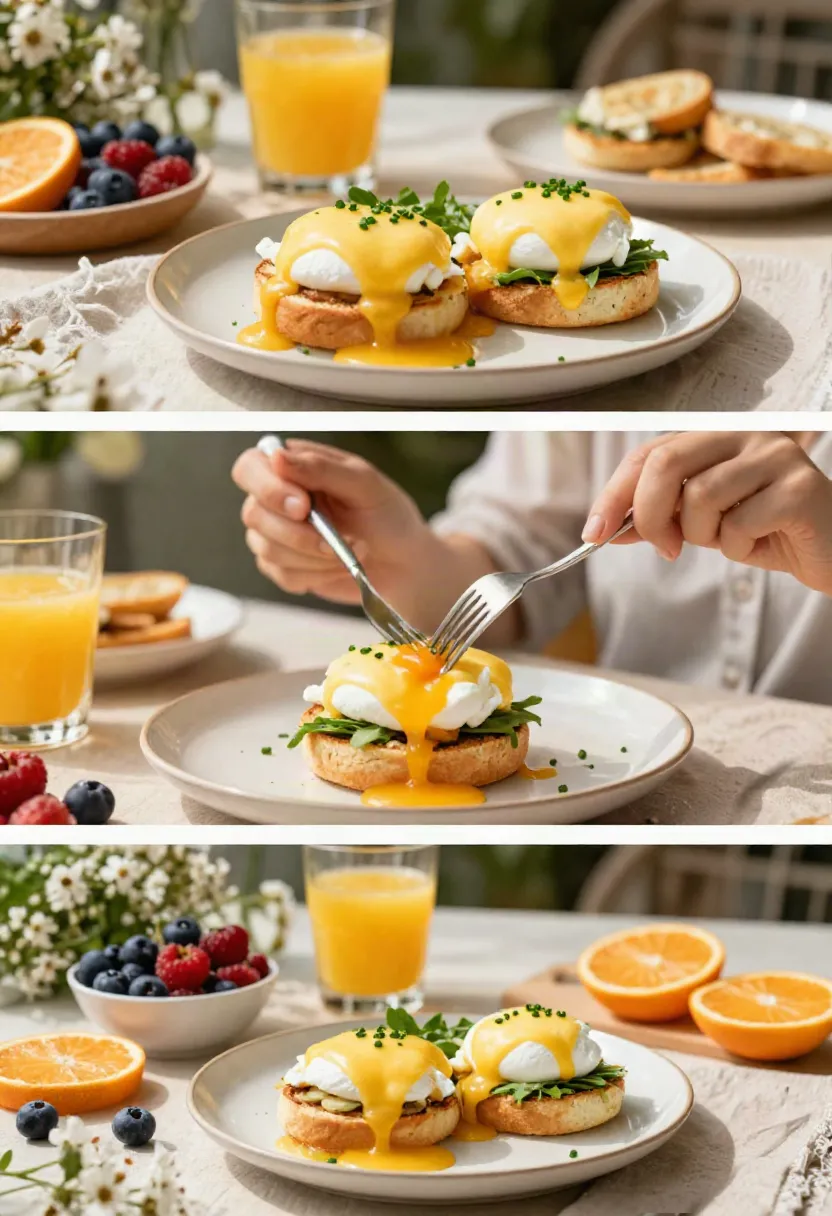 Three-panel breakfast spread with two Eggs Benedict plates, poached eggs and hollandaise on muffins, greens, and a side of berries, orange juice nearby.