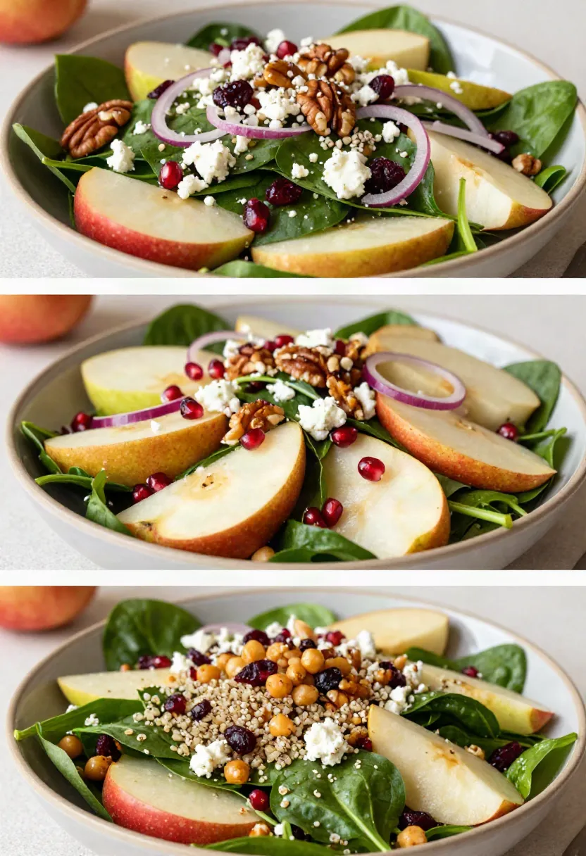 Three-part collage showing apple spinach salad ingredients, toasted walnuts, and homemade apple cider vinaigrette.