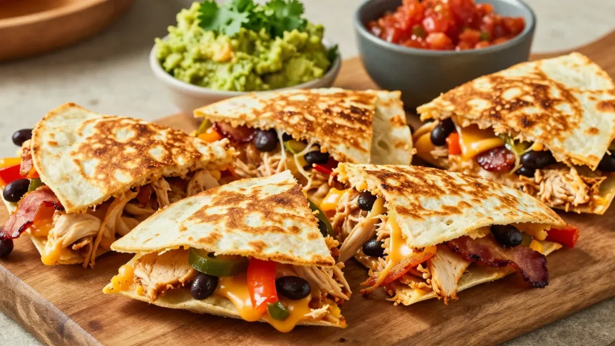 Golden chicken sheet pan quesadilla filled with melted cheese, shredded chicken, bacon, black beans, and colorful peppers.