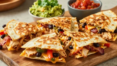 Golden chicken sheet pan quesadilla filled with melted cheese, shredded chicken, bacon, black beans, and colorful peppers.