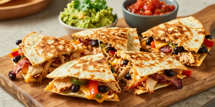 Golden chicken sheet pan quesadilla filled with melted cheese, shredded chicken, bacon, black beans, and colorful peppers.