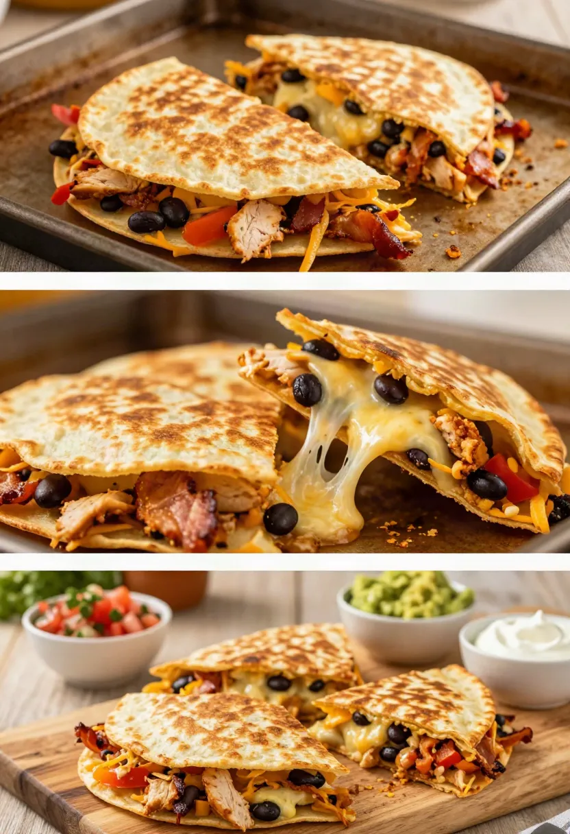 Crispy baked chicken quesadilla sliced into squares and served on a wooden board with fresh salsa and guacamole.