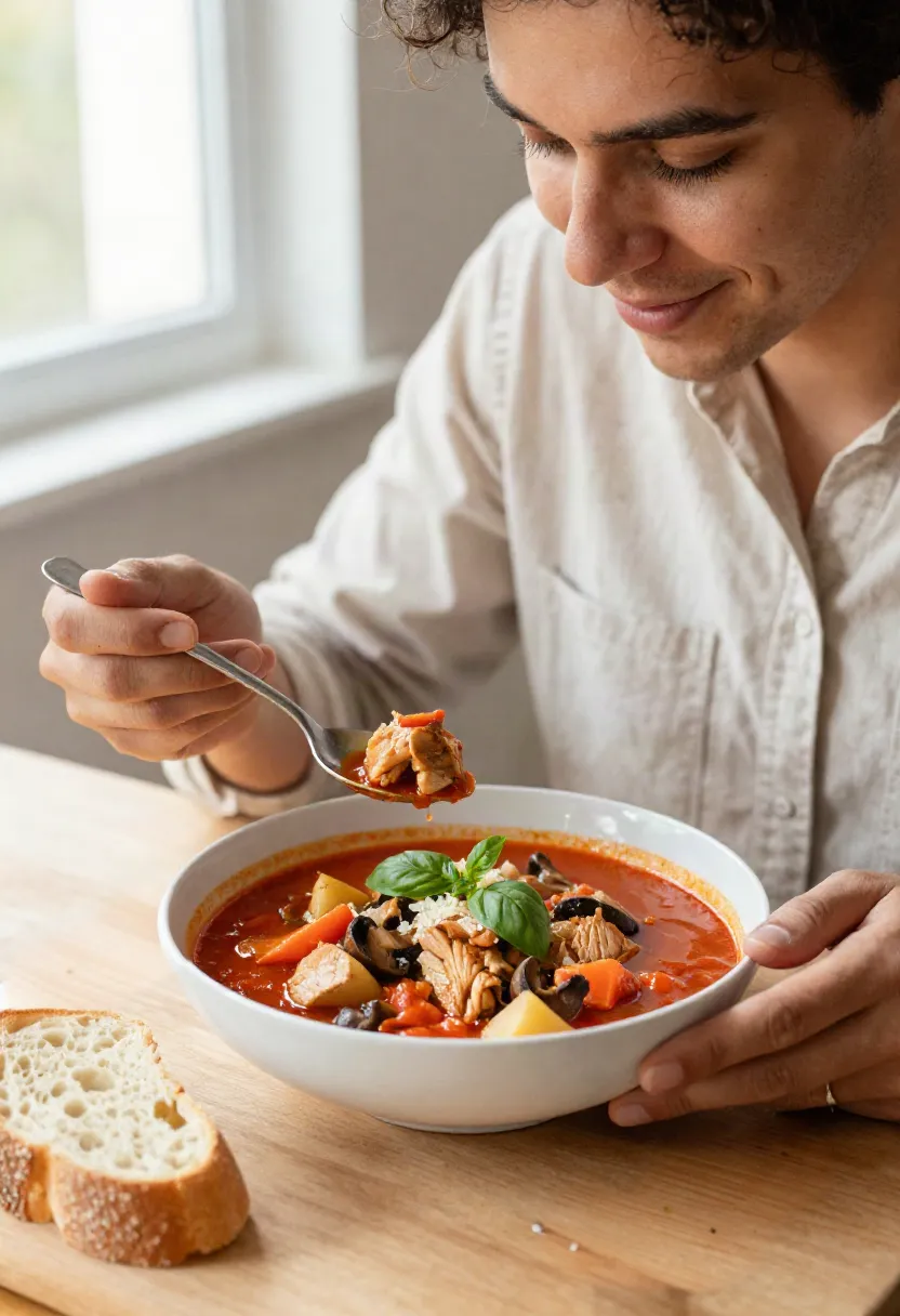 Man smiles while eating a bowl of tomato-based soup with vegetables and beans, holding a spoon over a white bowl; bread slice on the table nearby.