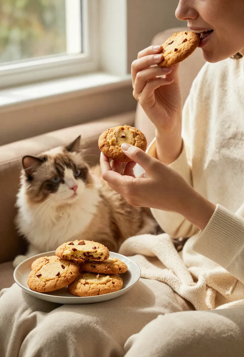 A person enjoying a chai cookie beside a fluffy cat in a cozy, sunlit setting.