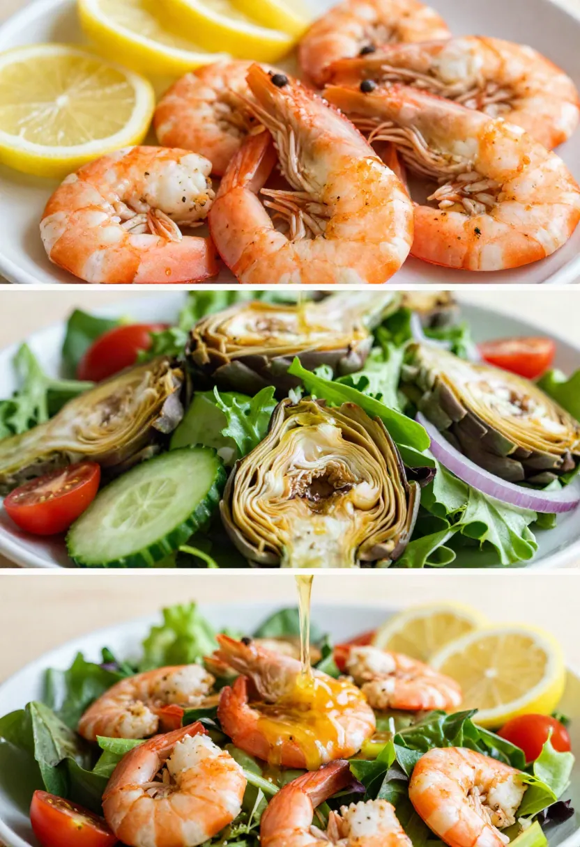 Juicy shrimp, tender artichoke hearts, and fresh leafy greens tossed together in a vibrant salad.