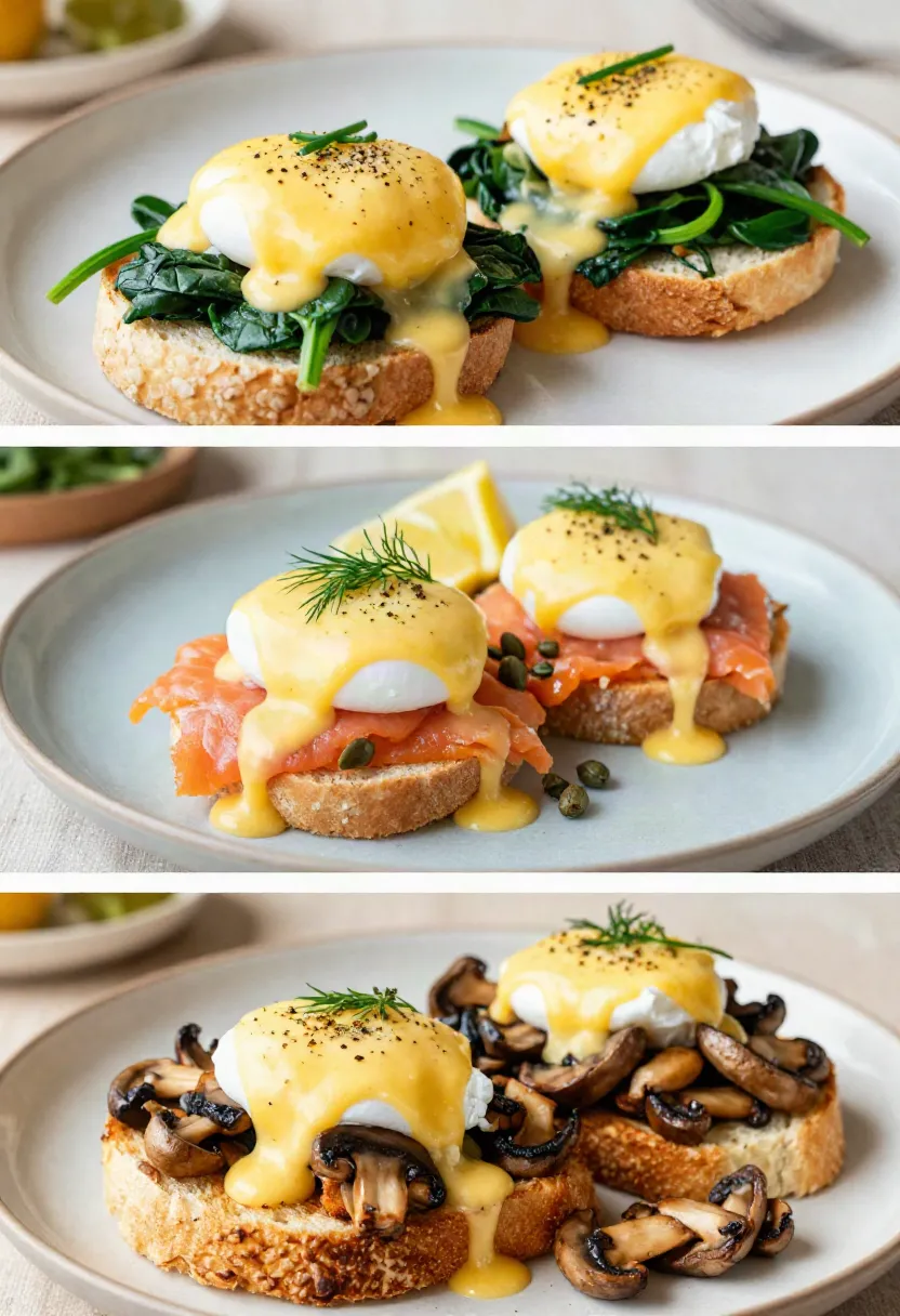 Smoked salmon Benedict with poached eggs, silky hollandaise, fresh dill, and lemon.