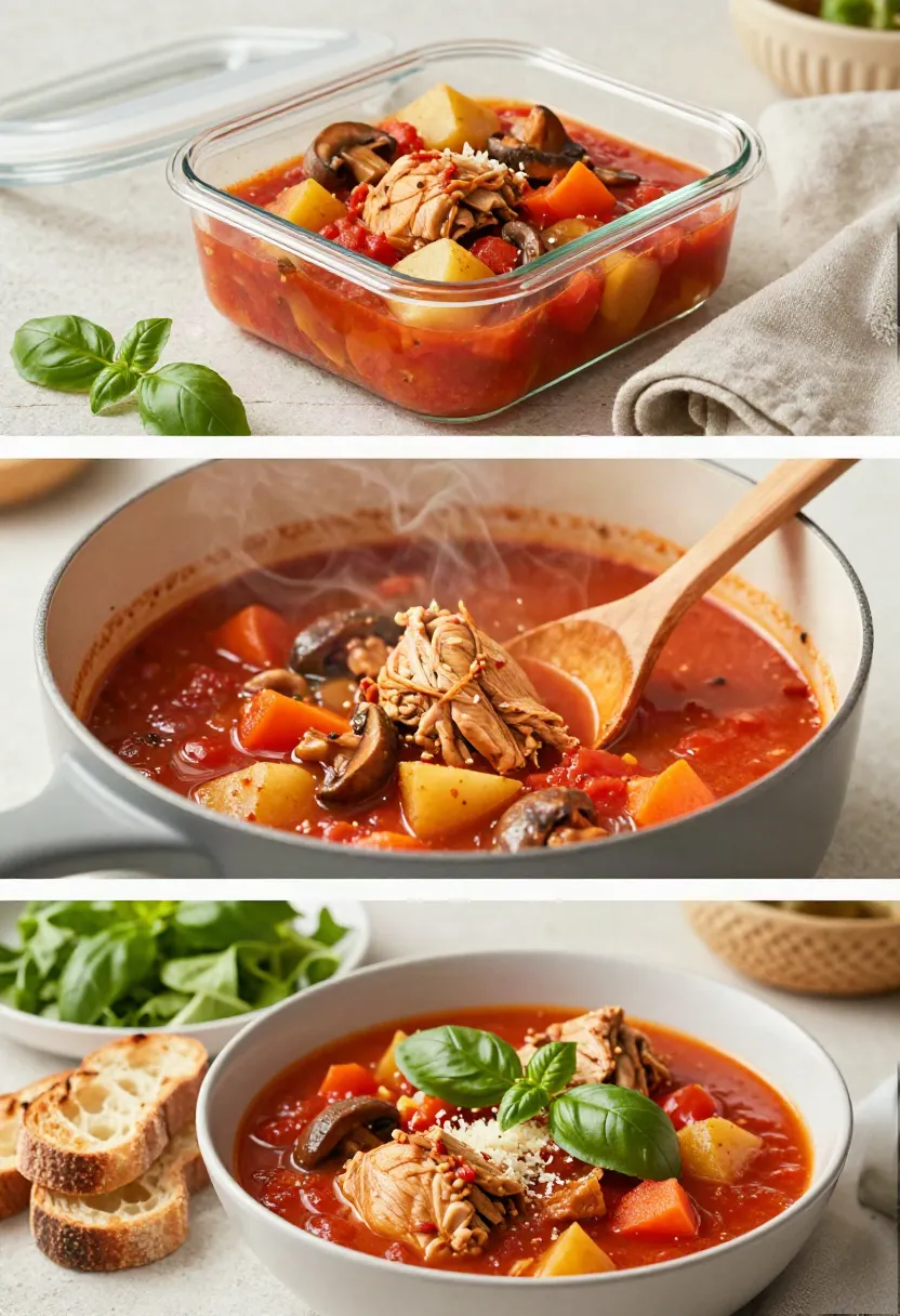 Homemade tomato basil chicken stew stored in a container, ready for an easy leftover meal.