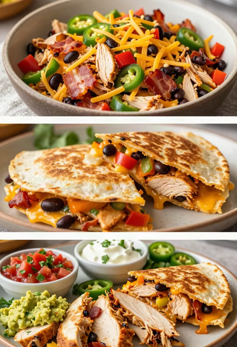 Close-up of a cheesy chicken quesadilla with melted cheese stretching between golden tortilla layers.